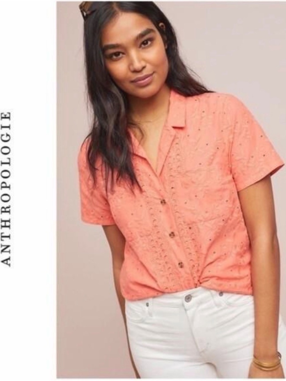 Anthropologie Coral Eyelet Button-Front Short Sleeve Shirt NWT